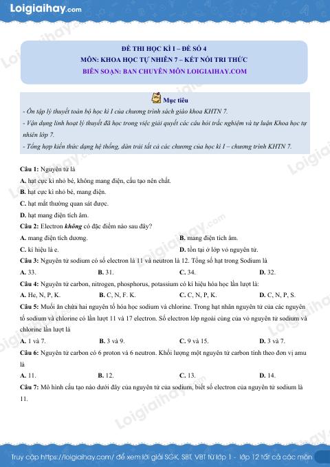 Đề thi học kì 1 KHTN 7 Kết nối tri thức - Đề số 4